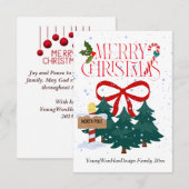 赤いパーソナライズされたリボンメリークリスマスカード サンキューカード (正面/裏面)