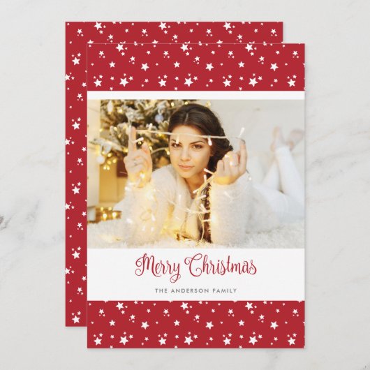 赤いパーソナライズされた写真メリークリスマスカード シーズンカード (正面/裏面)