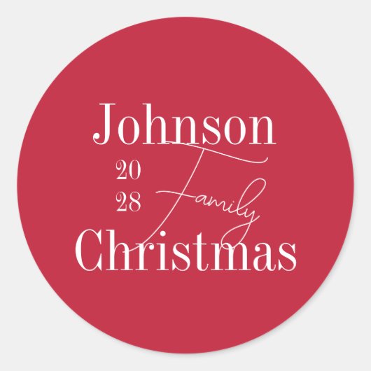 赤いパーソナライズされた家族の名前クリスマス ラウンドシール (正面)