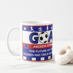 赤いパーソナライズされた白と青のサッカーマグ コーヒーマグカップ