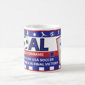 赤いパーソナライズされた白と青のサッカーマグ コーヒーマグカップ (中央)