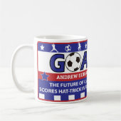 赤いパーソナライズされた白と青のサッカーマグ コーヒーマグカップ (左)