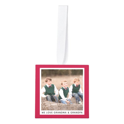 赤いパーソナライズされた祖父母のクリスマス写真 キューブオーナメント (正面)