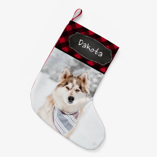 赤いパーソナライズされた素朴バッファローのペットの写真 スモールクリスマスストッキング (正面 (吊り時))