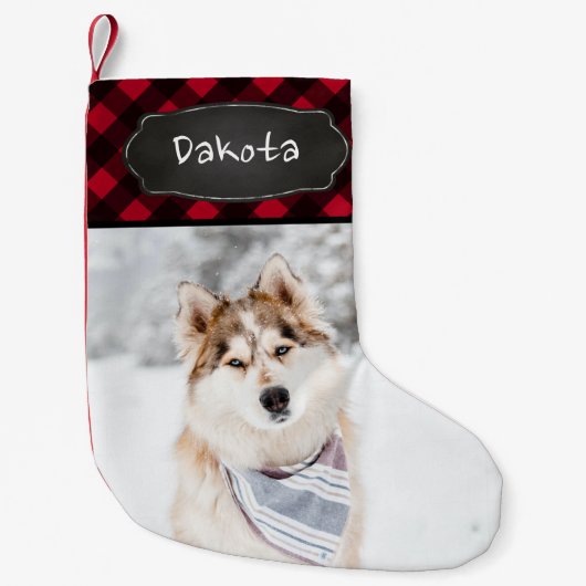 赤いパーソナライズされた素朴バッファローのペットの写真 スモールクリスマスストッキング (正面)