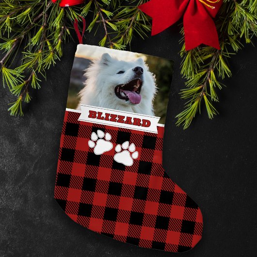 赤いパーソナライズされた素朴バッファローの犬の名前の写真 スモールクリスマスストッキング