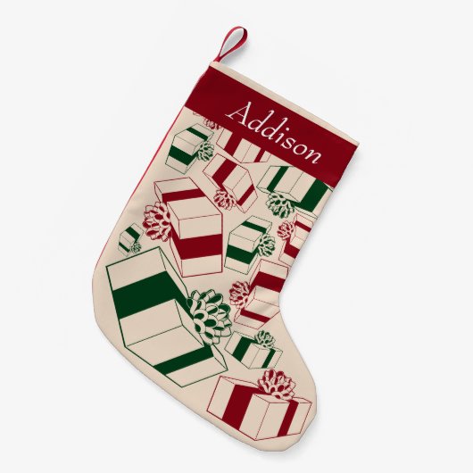 赤いパーソナライズされた緑の贈り物の名前 スモールクリスマスストッキング (正面 (吊り時))