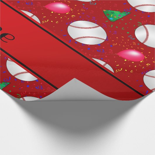 赤いパーソナライズされた野球の誕生日パターンの名前 ラッピングペーパー (角)