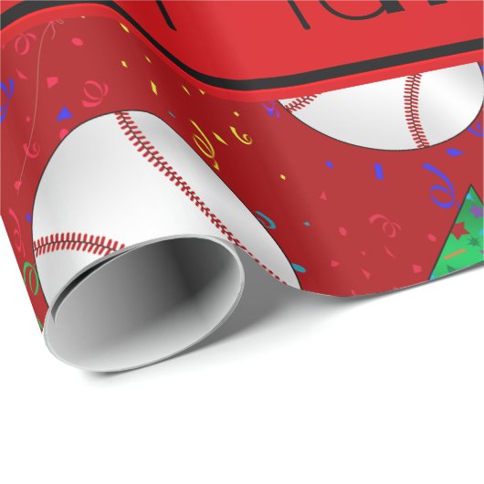 赤いパーソナライズされた野球の誕生日パターンの名前 ラッピングペーパー (ロールコーナー)