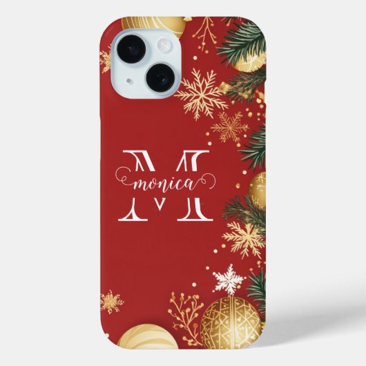 赤いパーソナライズされた金ゴールドクリスマス分割モノグラム名 Case-Mate iPhoneケース (裏面)