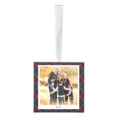 赤いパーソナライズされた青の格子模様のクリスマスフォト キューブオーナメント (右)