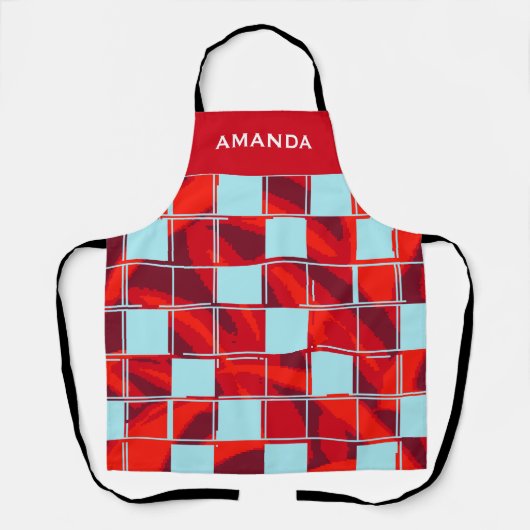 赤いパーソナライズされた青の格子模様の名前 エプロン (正面)