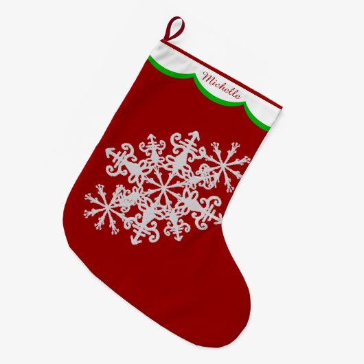 赤いパーソナライズの白い雪片 ラージクリスマスストッキング (正面 (吊り時))