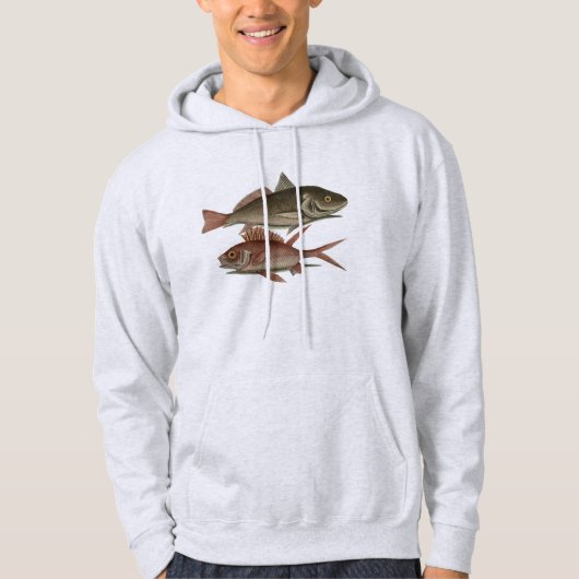 赤いパーチの魚 釣り人のアート パーカ (正面)