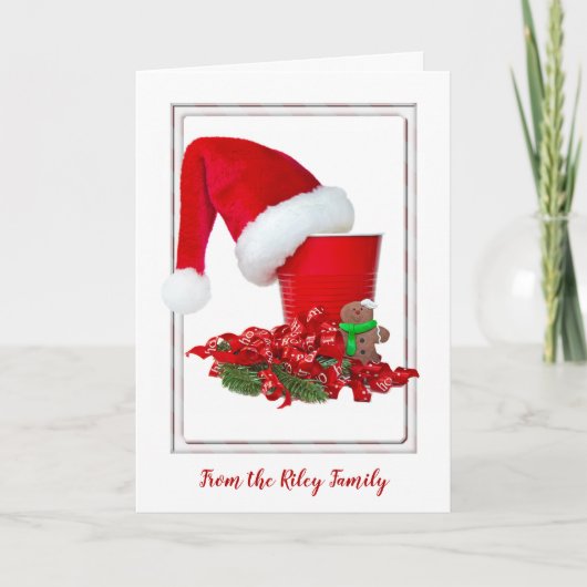 赤いパーティーカップのクリスマスサンタハット シーズンカード (正面)