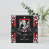 赤いパールの誕生日パーティー ブラック シルバー フォト 2 招待状 (スタンド正面)
