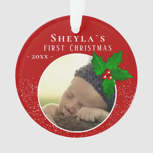 赤いヒイラギの実 赤ちゃんの初めてのクリスマスの写真 オーナメント (正面)
