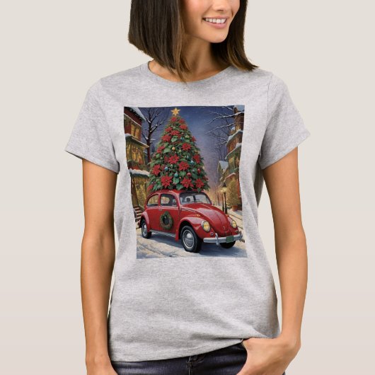 赤いヒッピーバグカーの上にクリスマスツリー Tシャツ (正面)