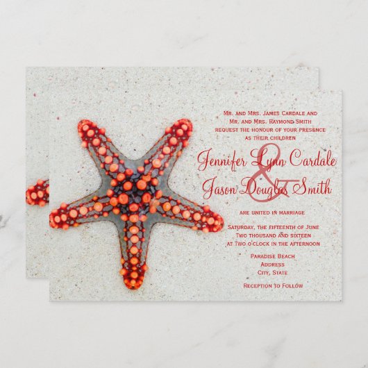 赤いヒトデのビーチの行先の結婚式招待状 招待状 (正面/裏面)