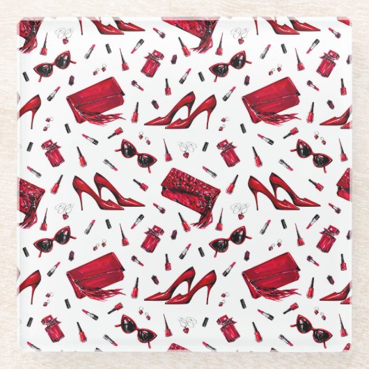 赤いヒール、ファッションアクセサリーパターン。 ガラスコースター (正面)