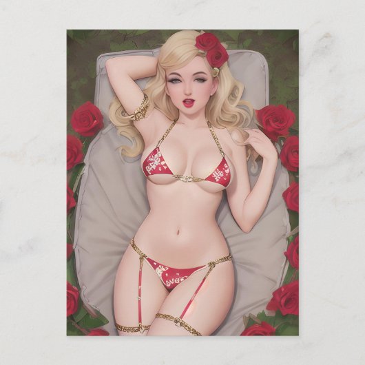 赤いビキニのはがきにブロンド ポストカード (正面)