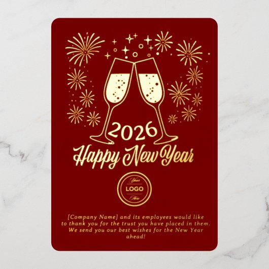 赤いビジネス新年2026シャンパンゴールド 箔シーズンカード (正面)