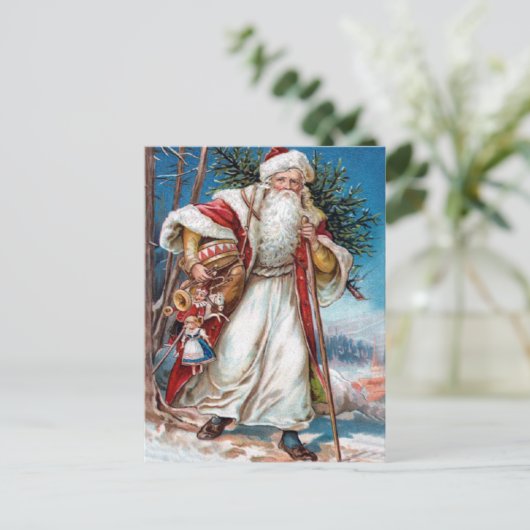 赤いビロードおよび白い毛皮のビクトリアンなサンタクロース シーズンポストカード (スタンド正面)