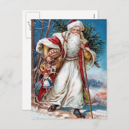赤いビロードおよび白い毛皮のビクトリアンなサンタクロース シーズンポストカード (正面/裏面)