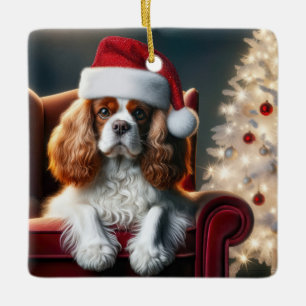 赤いビロードの椅子に座ったクリスマス・キング・チャールズ セラミックオーナメント