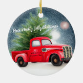 赤いビンテージトラックと木のカスタムホリデー セラミックオーナメント (裏面)