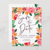 赤いピはっきりしたンクのフローラ婚式の日付を節約 案内ポストカード (正面/裏面)