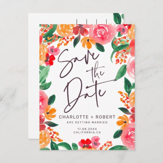 赤いピはっきりしたンクのフローラ婚式の日付を節約 案内ポストカード (正面/裏面)