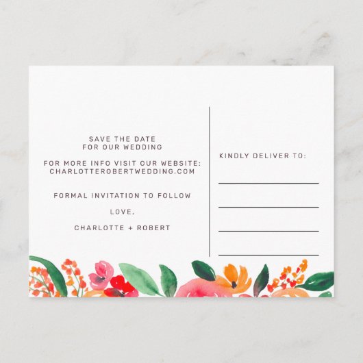 赤いピはっきりしたンクのフローラ婚式の日付を節約 案内ポストカード (裏面)