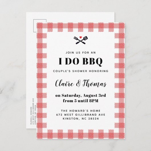 赤いピクニックのチェック柄の布を使った BBQ の誘い ポストカード (正面/裏面)