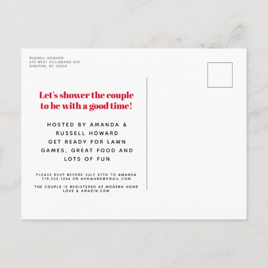 赤いピクニックのチェック柄の布を使った BBQ の誘い ポストカード (裏面)