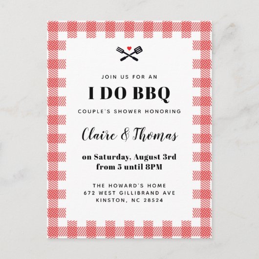 赤いピクニックのチェック柄の布を使った BBQ の誘い ポストカード (正面)