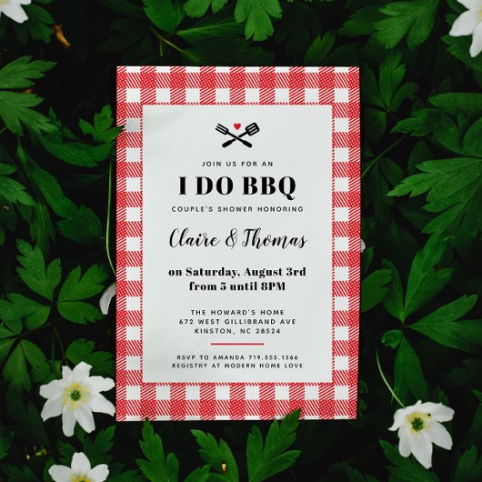 赤いピクニックの市松模様のクロス I Do BBQ インビテーション