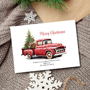 赤いピックアップトラックの荷台にクリスマスツリーが乗ったクリスマスカード シーズンカード