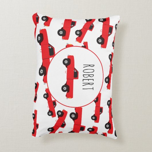 赤いピックアップトラック輸送トラックの少年の名前 アクセントクッション (裏面(縦))