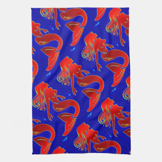 赤いピンアップ人魚 キッチンタオル (縦)