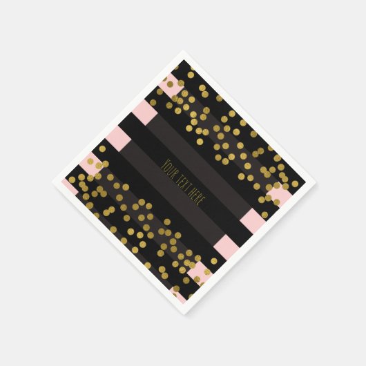 赤いピンクとブラックのストライプ金ゴールドホイルフェイクドット スタンダードカクテルナプキン (角)