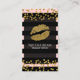 赤いピンクとブラックのストライプ金ゴールドホイルフェイクドット 名刺