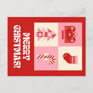 赤いピンクとベージュのレトロ幾何学的グリーティンメリーグ シーズンポストカード