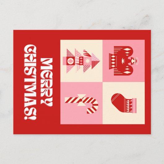 赤いピンクとベージュのレトロ幾何学的グリーティンメリーグ シーズンポストカード (正面)