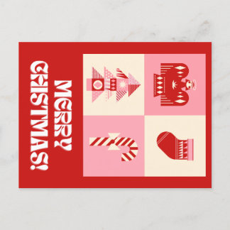 赤いピンクとベージュのレトロ幾何学的グリーティンメリーグ シーズンポストカード