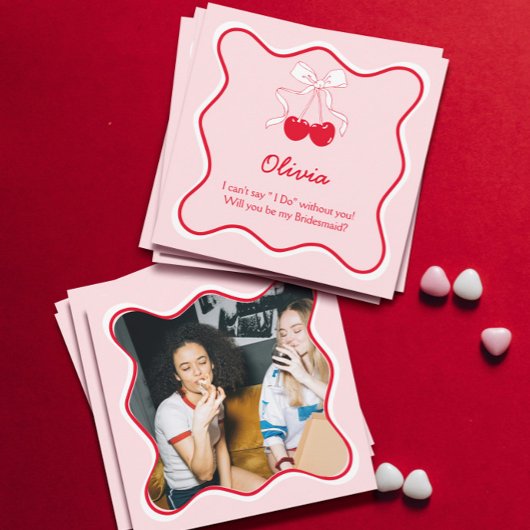 赤いピンクのあなたは私のブライズメイドになってくれますか? プロポーズカード 招待状