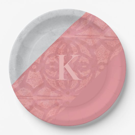 赤いピンクのろうけつ染めとグレーの水色の文字 ペーパープレート (正面)