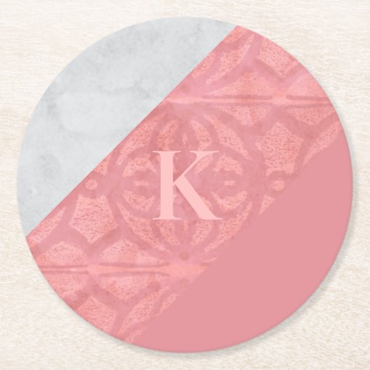 赤いピンクのろうけつ染めとグレーの水色の文字 ラウンドペーパーコースター (正面)