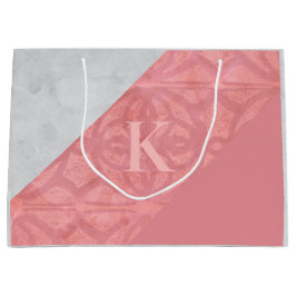 赤いピンクのろうけつ染めとグレーの水色の文字 ラージペーパーバッグ