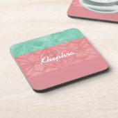 赤いピンクのろうけつ染めと青い水の色の名前と年 コースター (左側)